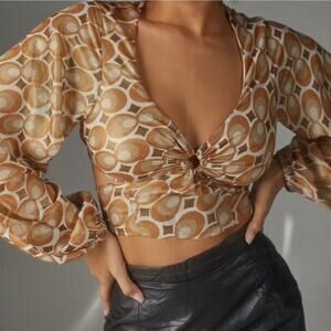 Urban Outfitters UO Top Kary Keyhole Tie-Back Cropped Top Long Sleeves Medium